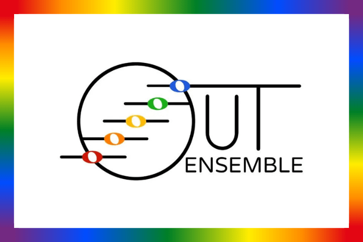 OUT Ensemble logo with rainbow border and music notes.