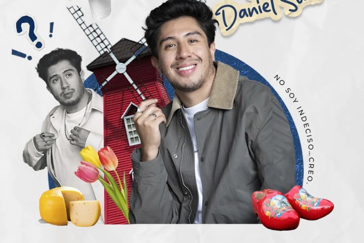 Man poses with Amsterdam-themed clip art and text for a September event.