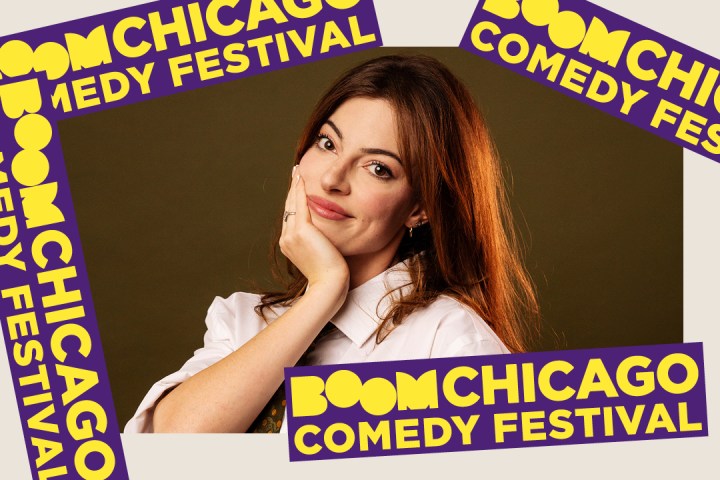 Person smiling with hand on chin, surrounded by 'Boom Chicago Comedy Festival' text banners.