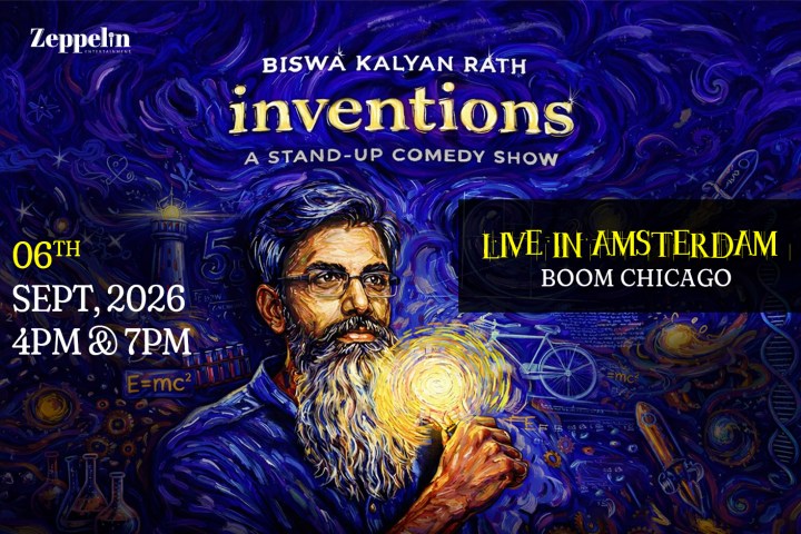 Illustrated comedy show poster featuring a bearded man with swirling blue background.