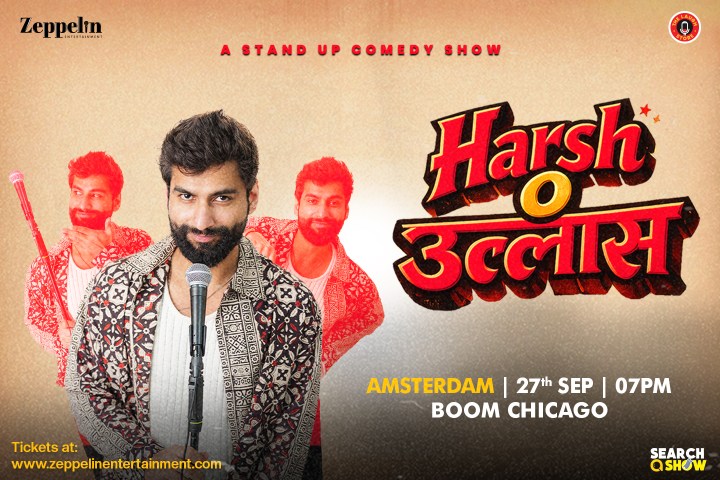 Comedian with a mic, background shows him laughing, stand-up comedy show poster.