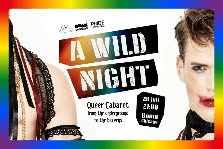 Colorful poster for queer cabaret 'A Wild Night' on July 28 at Boom Chicago.
