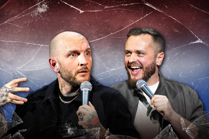 Two men holding microphones, one looks surprised, the other is laughing, with a cracked texture overlay.