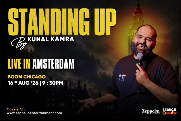 Comedian holding mic, smiling, with text about a live show in Amsterdam on August 16th, 2026.