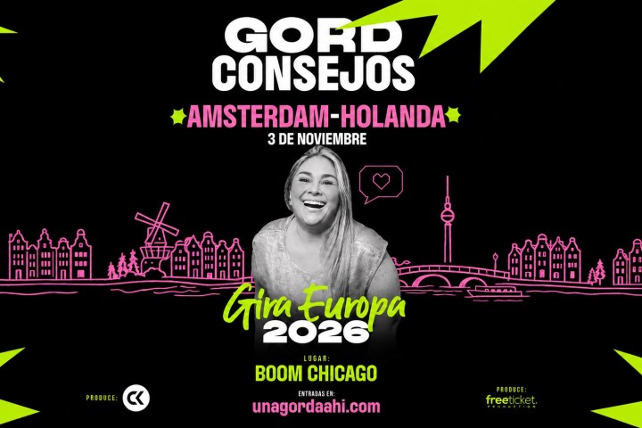 Event poster for 'Gord Consejos' in Amsterdam on November 3, 2026, featuring smiling person.