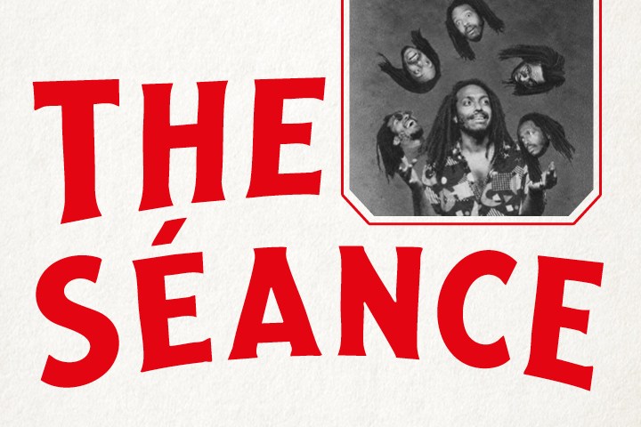 Red text 'The Séance' with a black-and-white collage of a man with various facial expressions above.