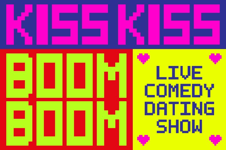Retro style text: 'Kiss Kiss Boom Boom' and 'Live Comedy Dating Show' with hearts.