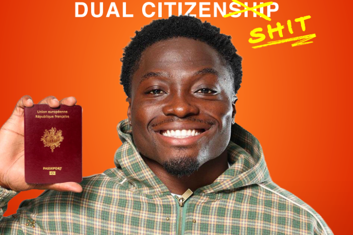 Smiling person holding a passport against an orange background with edited text.